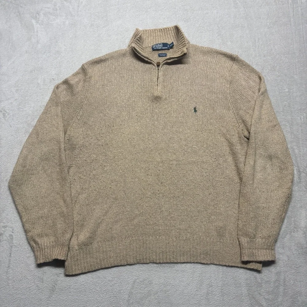 Polo Ralph Lauren Sweater Mens XXL 1/4 Quarter Zip Tan Cotton Linen